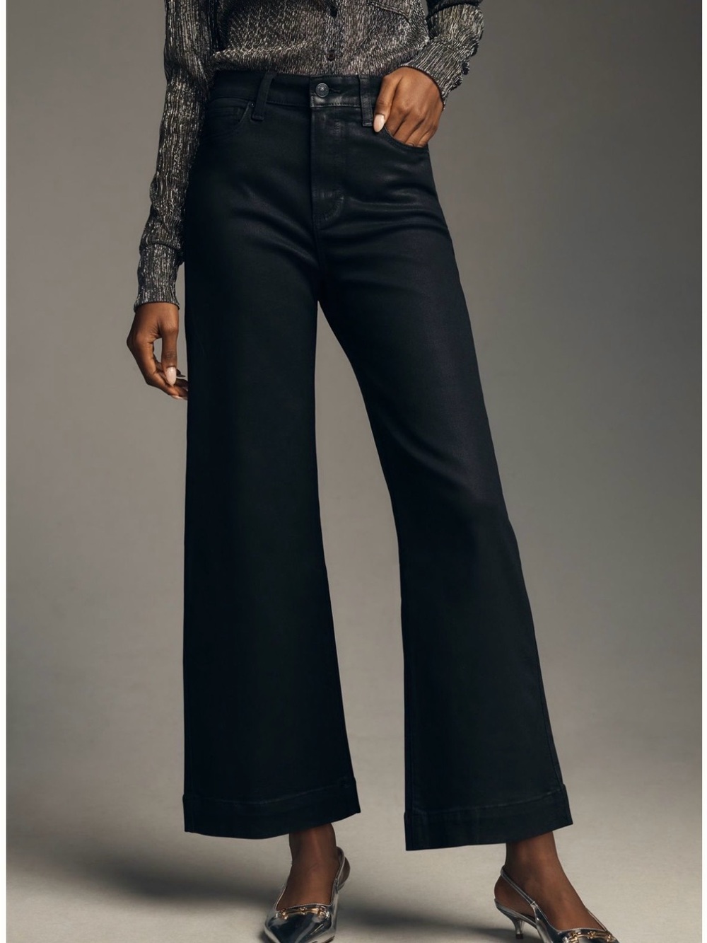 PAIGE Anessa Coated High-rise Wide Leg Crop Pants in Black Waist 31 Like New